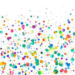 Watercolor confetti on white background. Admirable rainbow colored dots. Happy celebration square colorful bright card. Original hand painted confetti.