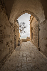 Fototapeta na wymiar Passageway between stone buildings, old stone arch and in the background a tree and a viewpoint