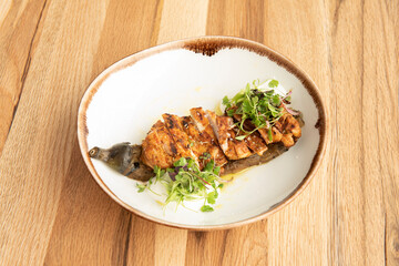 Chopped Cajun Chicken Recipe with Roasted Eggplant and Lettuce Sprouts