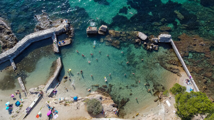 Top view of a collapsed wall between Ondes Beach and Mallet Beach on the Cap d'Antibes in the...