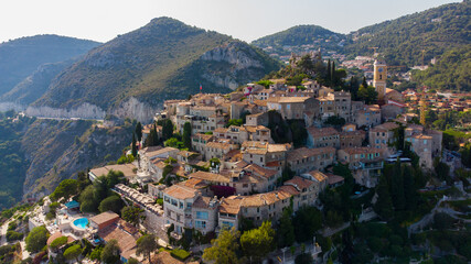 Fototapeta na wymiar Aerial view of Eze Village, a famous stone village built on a rocky overlook high above the Mediterranean Sea on the French Riviera, in the South of France