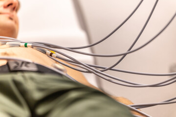 Close-up of electrodes on a man during an ECG