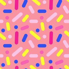 bright seamless background. imitation of sprinkling for a donut. multicolored sticks on a light pink background. seamless pattern. vector texture.