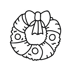Single hand drawn christmas wreath. Doodle vector illustration. Isolated on a white background.