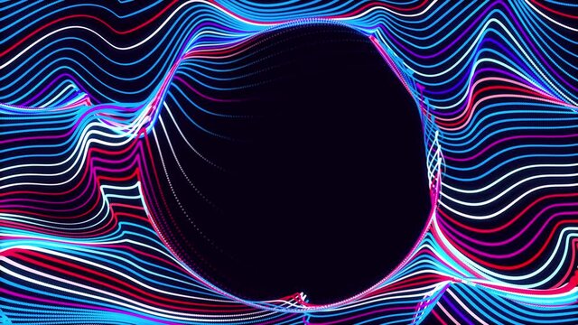 Particles form lines, plane with waves. Abstract waves run along flat surface. Round copy space for text or logo. Multi-colored stripes or lines as beautiful motion graphics bg. Red blue colors