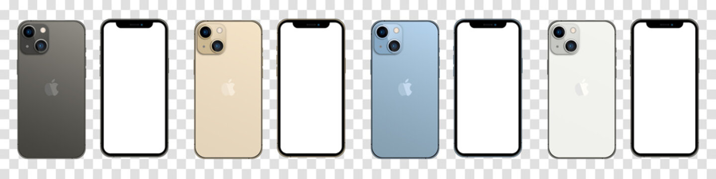 Magelang, Indonesia - September 29, 2021. Collection of iphone 13 in four colors (Graphite, Gold, Sierra Blue, and Silver). Mock up screen iphone and back side iphone