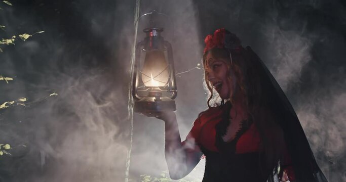 Crazy witch licking lamp at night