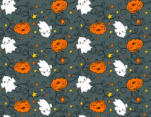 Tiled, seamless, cute Kawaii Halloween character repeat print for background and textile design. Pumpkin faces and friendly ghosts.
