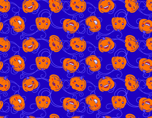 Tiled, seamless, cute Kawaii Halloween character repeat print for background and textile design. Pumpkins face expressions.