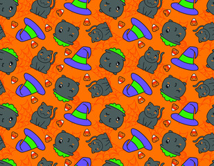 Tiled, seamless, cute Kawaii Halloween character repeat print for background and textile design. Witch hats, cats, candy corn, spider webs and cauldrons.