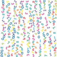 Falling colorful sketch numbers. Math study concept with flying digits. Outstanding back to school mathematics banner on white background. Falling numbers vector illustration.