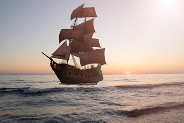 Wall murals Schip vintage pirate sailing ship at sea
