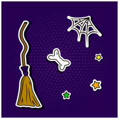 Halloween Sticker witch's broom, stars, spider web, bone vector