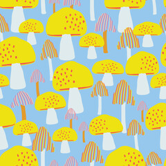 Light blue with yellow and orange mushrooms with stripes and dots seamless pattern background design.