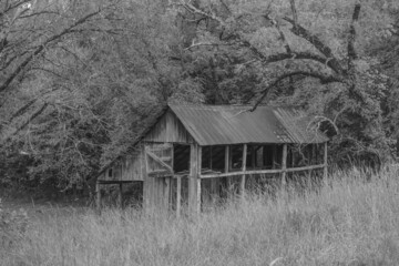 Black and white. Old rundown barn in Echo Bluff State Park of the mountains in Missouri