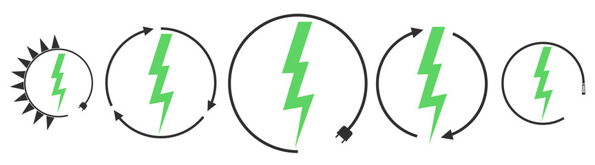 Electric car charging and renewable energy icons, graphic design template, lightning bolt, vector illustration