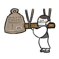 除夜の鐘を鳴らすマスク着用のお坊さんのイラスト