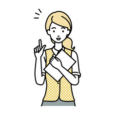 立って書類を手に持って何かひらめいた事務員制服の女性