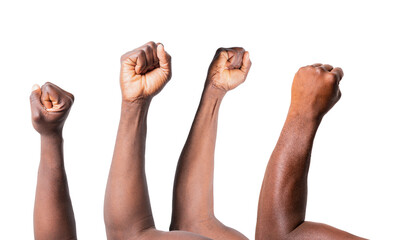 Raised hands of african american men clenched into fists on light background. Stop racism concept