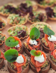 Catering table, beautifully decorated banquet with variety of with different food snacks and appetizers on corporate birthday party event or wedding celebration, seafood, canape, delicatessen setting