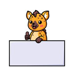 Cute baby hyena cartoon with blank sign and giving thumbs up