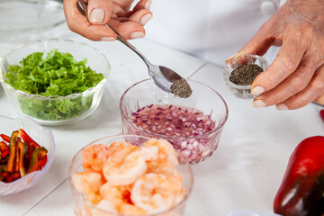 Close-up of the preparation process of a delicious shrimp ceviche