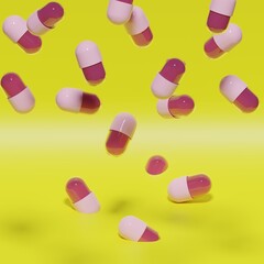 Floating pink 3D medicine capsules on yellow background