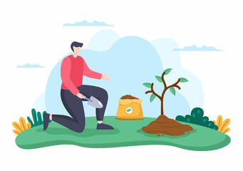 People Planting Trees Flat Cartoon Vector Illustration With Gardening, Farming and Agriculture Use Tree Roots or a Shovel For Caring Environment Concept