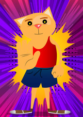 Funny cartoon cat showing deny or refuse hand gesture. Vector illustration. Cute orange, yellow haired young kitten.