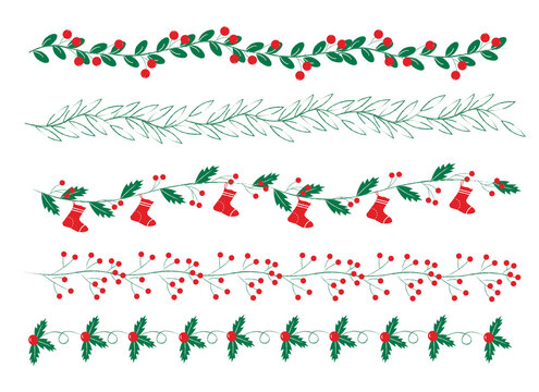 Set of decorative borders for Christmas. For use in postcards, prints, flyers, invitations, covers, packaging. Vector illustration.
