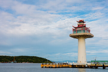 Lighthouse with clear sky in Koh Sichang island, Chonburi, Thailand.