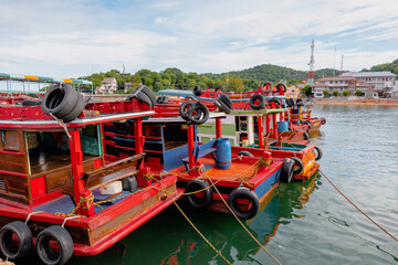 Fototapeta na wymiar Passenger ship to Koh Sichang island with full load of passengers. Ko Sichang is a small island situated in the Gulf of Thailand.