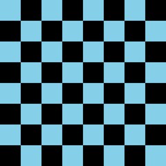 Checkerboard 8 by 8. Black and Sky blue colors of checkerboard. Chessboard, checkerboard texture. Squares pattern. Background.
