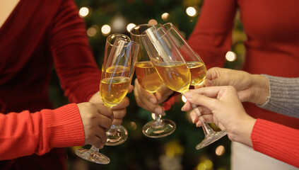 Women on sweater clink glass of ิิbeverage together to start holiday event of jolly drink at gala party for celebrating group success, cheerful relationship