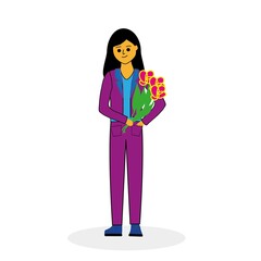 a girl in a business lilac pantsuit with a bouquet of flowers, flat design style, holiday, congratulations, banner