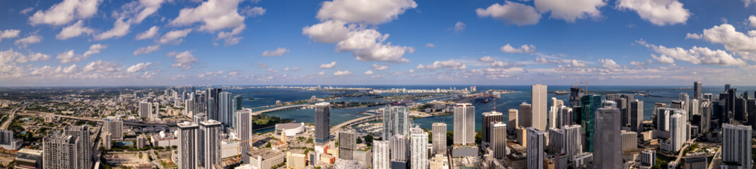 Fototapeta na wymiar Aerial drone panorama photo Downtown Miami and Brickell with view of Port