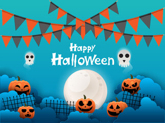 Happy Halloween holiday party Composition with, pumpkin, cloud, moon, bat, party flag Background vector illustration.