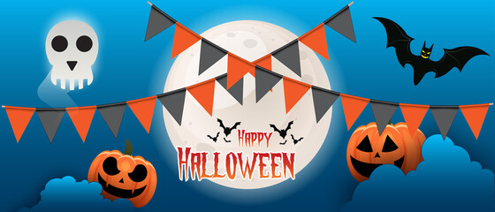 Happy Halloween holiday party Composition with, pumpkin, cloud, moon, bat, party flag Background vector illustration.