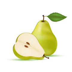 Pear green with pear slices and leaves. Vitamins, Healthy food fruit. On a white background. Realistic 3D Vector illustration. 
