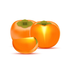 Persimmon with persimmon slices. Vitamins, Healthy food fruit. On a white background. Realistic 3D Vector illustration. 