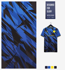 Soccer jersey pattern design.  Abstract pattern on blue background for soccer kit, football kit or sports uniform. T-shirt mockup template. Fabric pattern. Abstract background. 