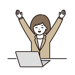 パソコンの前でバンザイをするビジネスウーマン