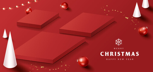 Merry Christmas banner with product display square shape and festive decoration for christmas