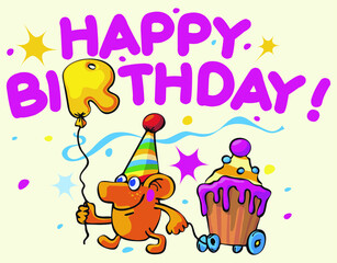 Happy birthday greeting card with cute monster and cupcake