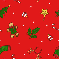 Seamless Christmas Doodle Pattern with Playful Red Background