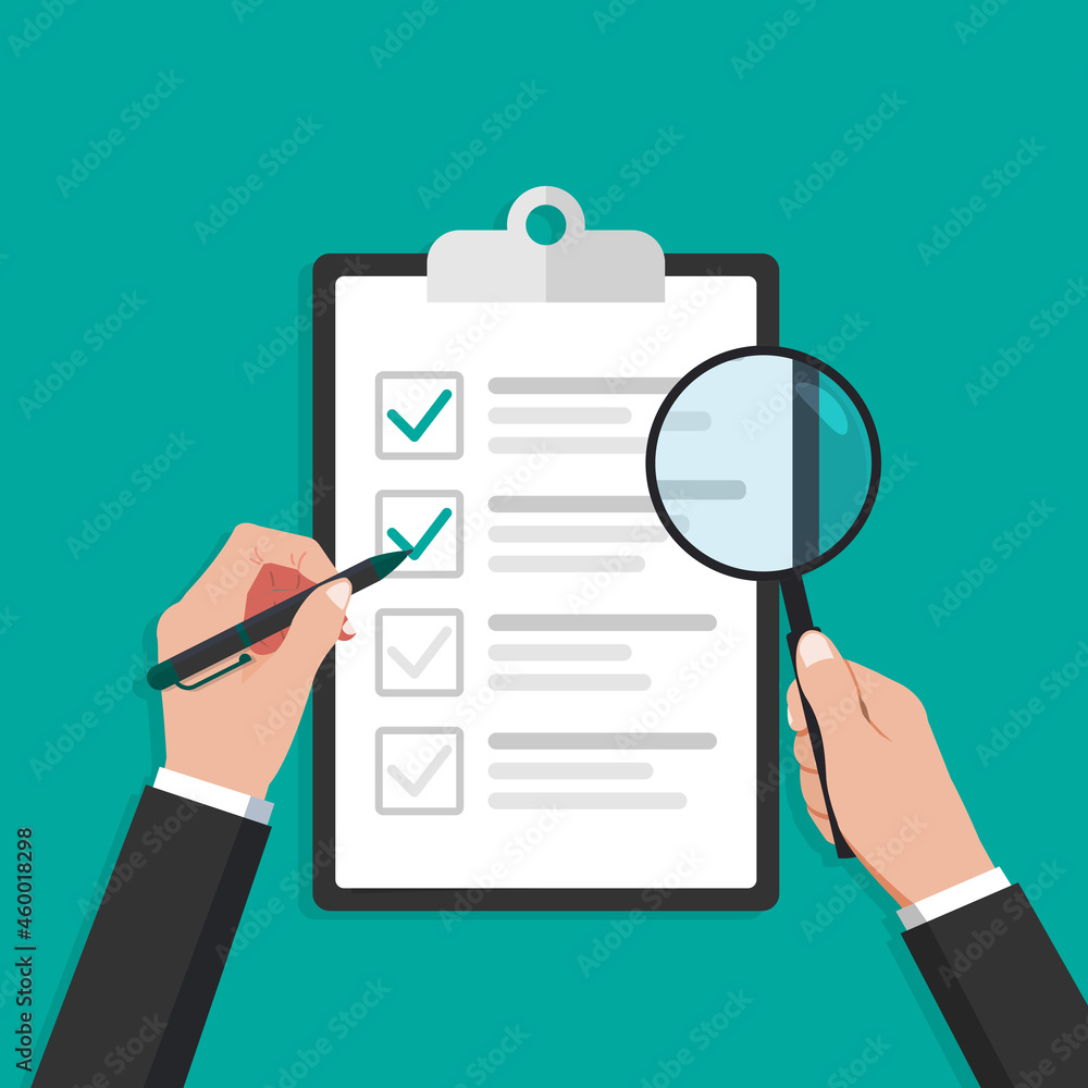 Poster clipboard with checklist paper, hands fill and checking document, flat vector icon
