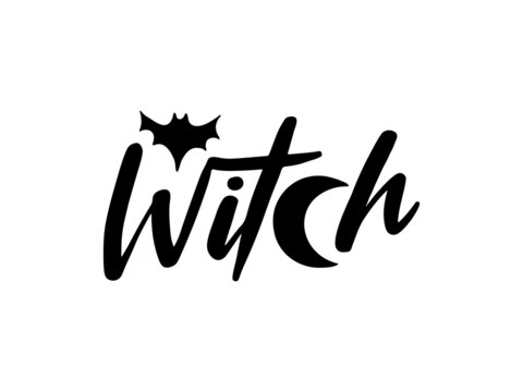 Witch - halloween lettering with moon, bat. Celebration typography, design for greeting card, party invitation, banner. Horror t-shirt. Vector illustration isolated on white background .
