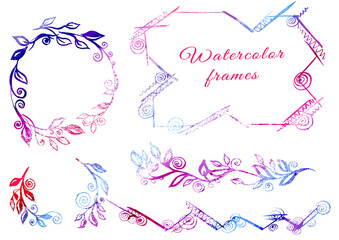 Multicolor Watercolor circle design elements, Watercolour gradient colorful vintage Frames freehand drawing. Multicolored Set red, lilac, blue, violet and purple Frame, ribbon, abstract element on
