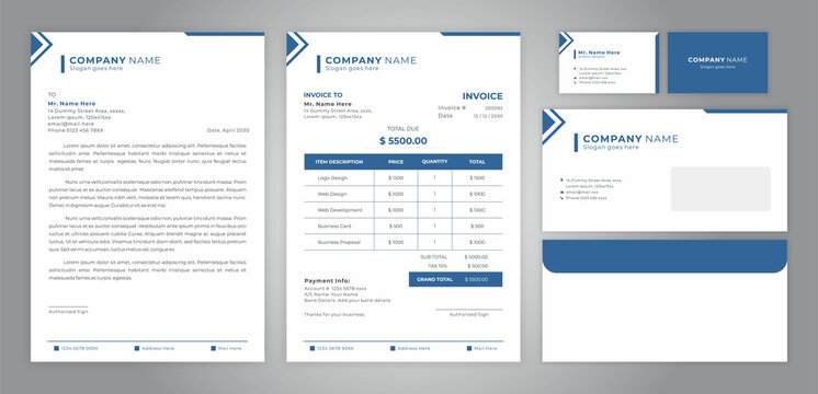 Set Of Invoice, Letterhead, Card And Envelope Design