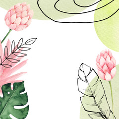 Tropical Botanical Line Abstract Art. Hand painted template with abstract watercolor shapes, splashes, palm leaves, flowers, summer fruits, flamingo, black and golden line elements.